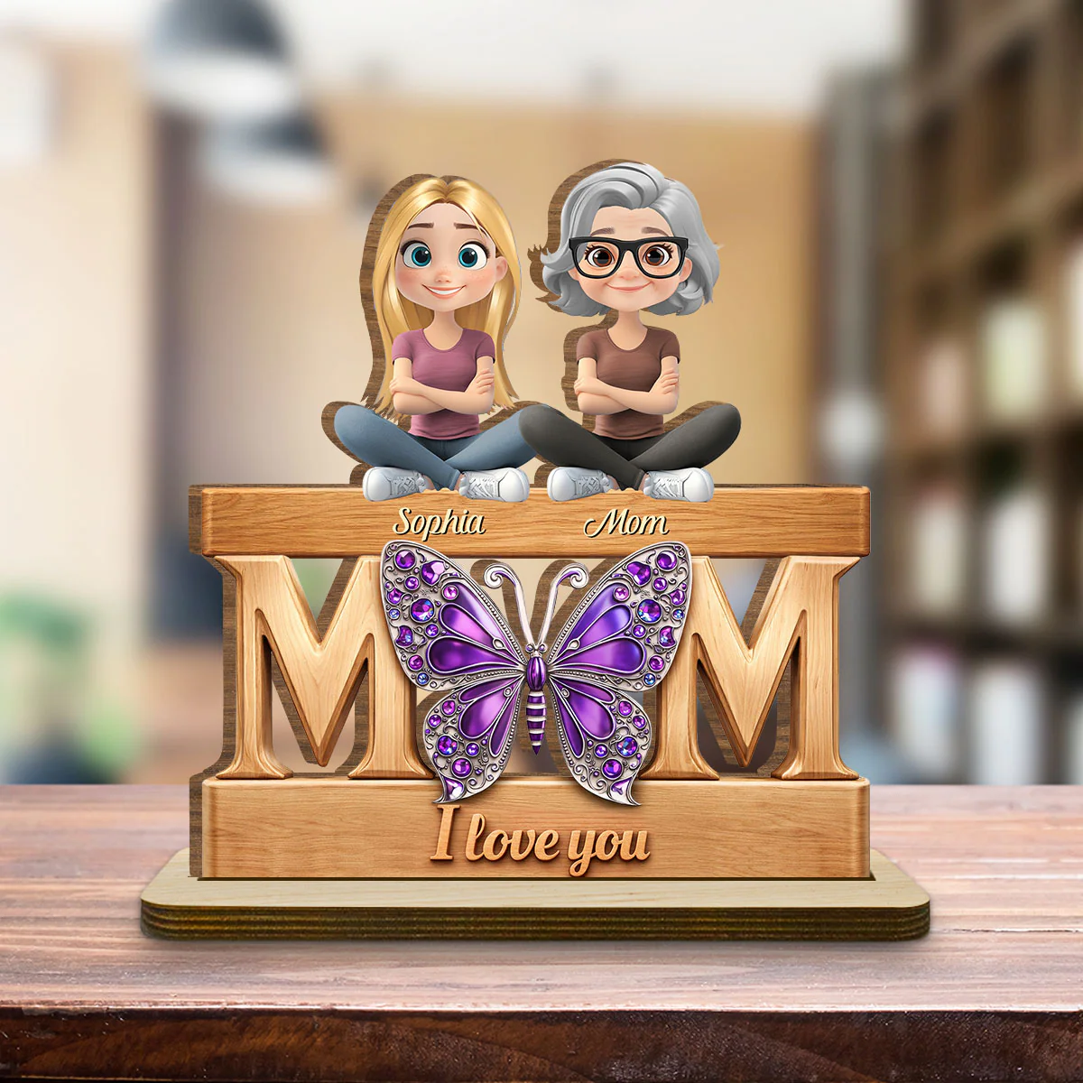 Mom And Her Kids - Personalized Custom 2-Layer Wood Plaque With Flat Base - Image 4