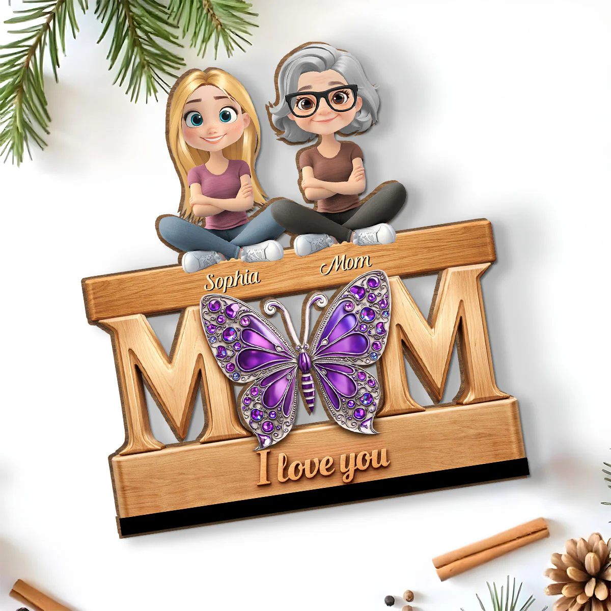 Mom And Her Kids - Personalized Custom 2-Layer Wood Plaque With Flat Base - Image 7