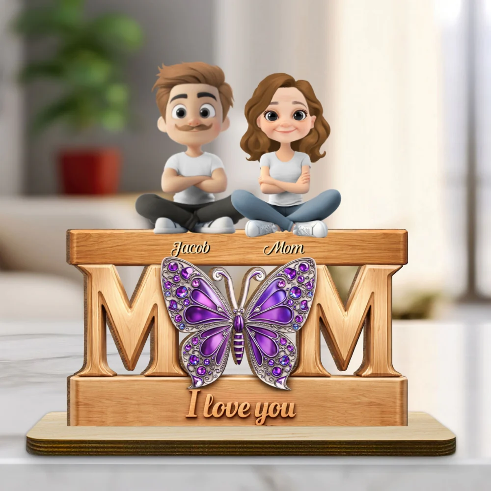 Mom And Her Kids - Personalized Custom 2-Layer Wood Plaque With Flat Base - Image 8