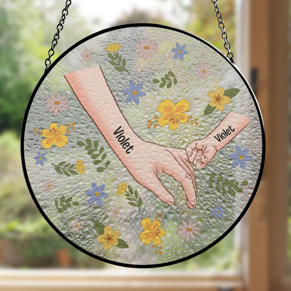 Mom Hold My Hand Also My Heart - Personalized Custom Window Hanging Suncatcher - Image 5
