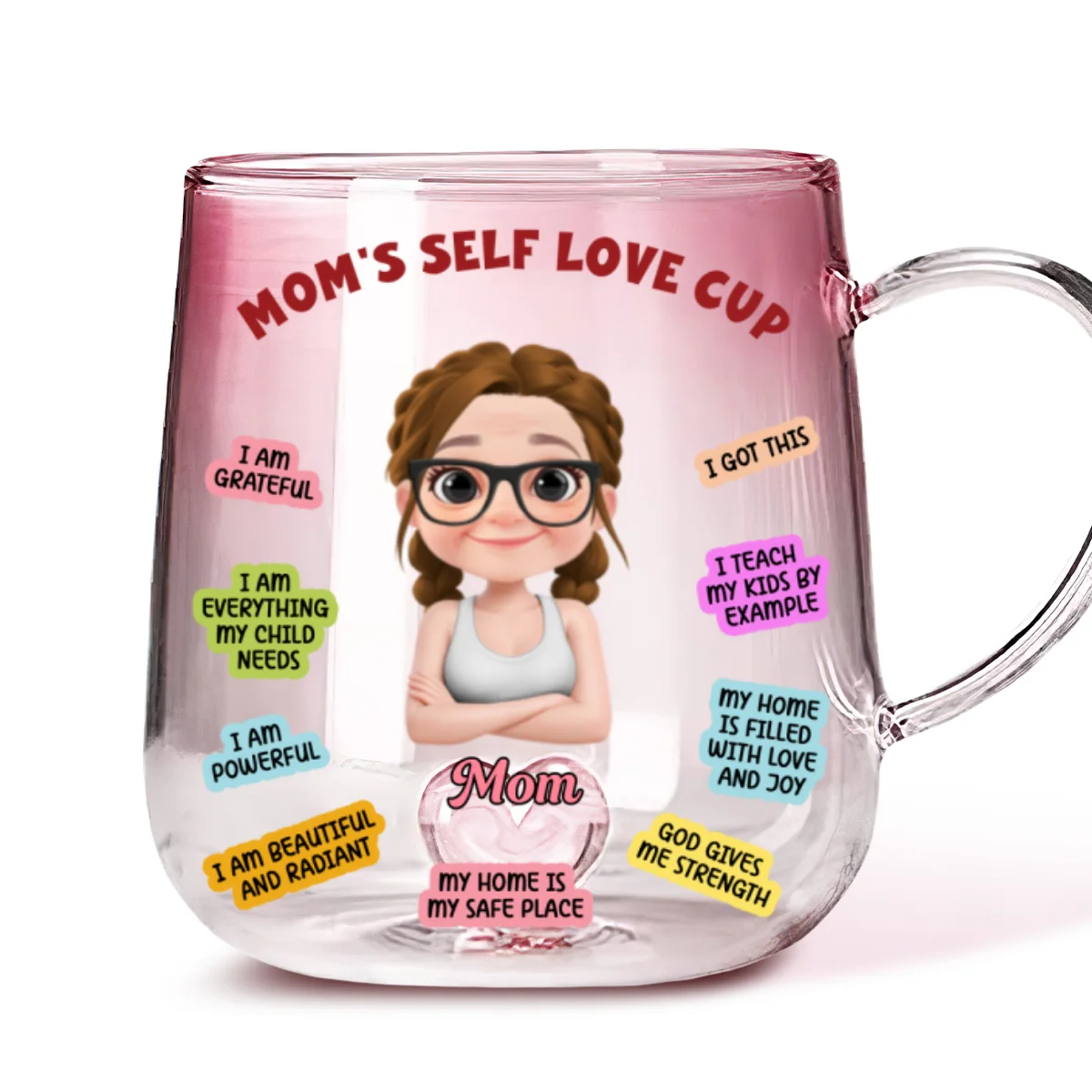 Mom Self Love Cup Version 2 - Personalized Custom Pink Gradient Glass Mug - Image 5
