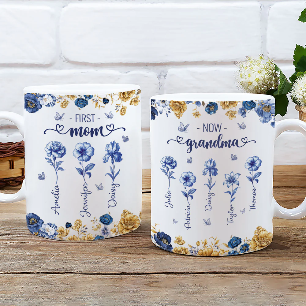 Mom Then Grandma Now Blue Toile - Personalized Custom Coffee Mug - Image 2