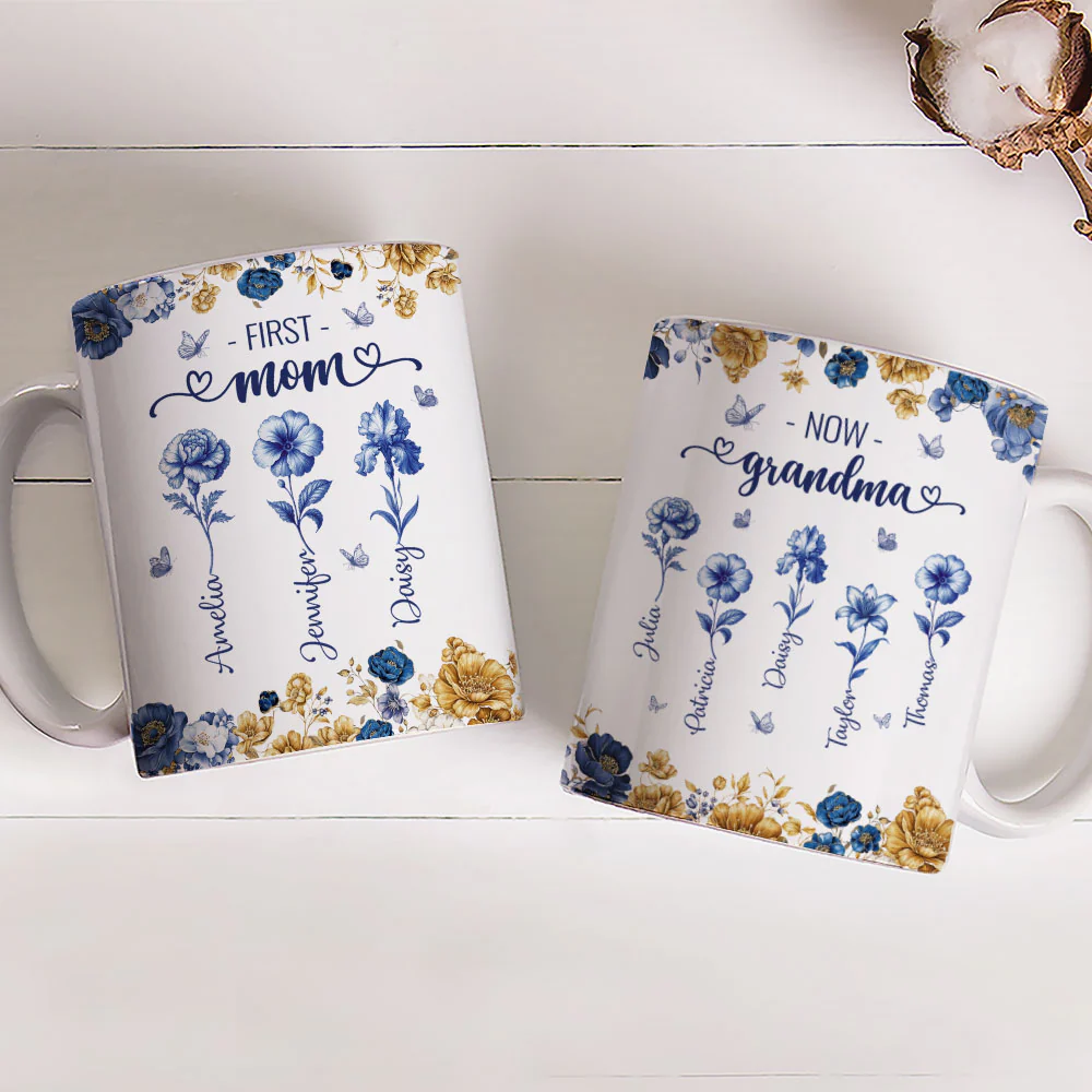 Mom Then Grandma Now Blue Toile - Personalized Custom Coffee Mug - Image 3