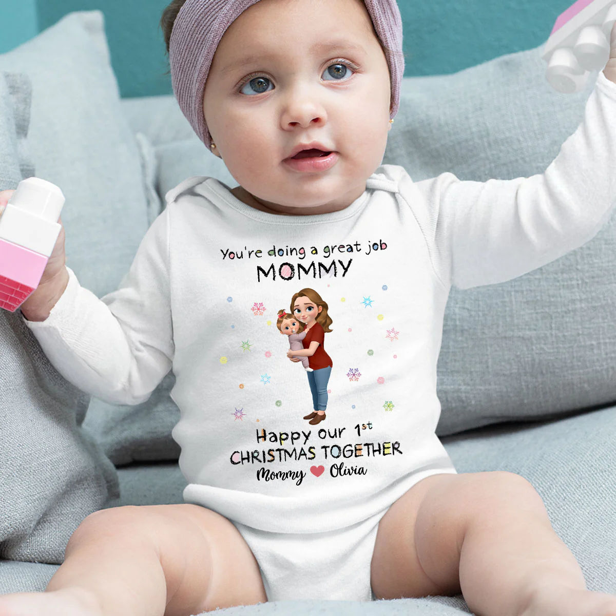 Mommy And Baby 1st Christmas - Personalized Custom Long Sleeve Baby Onesie - Image 2