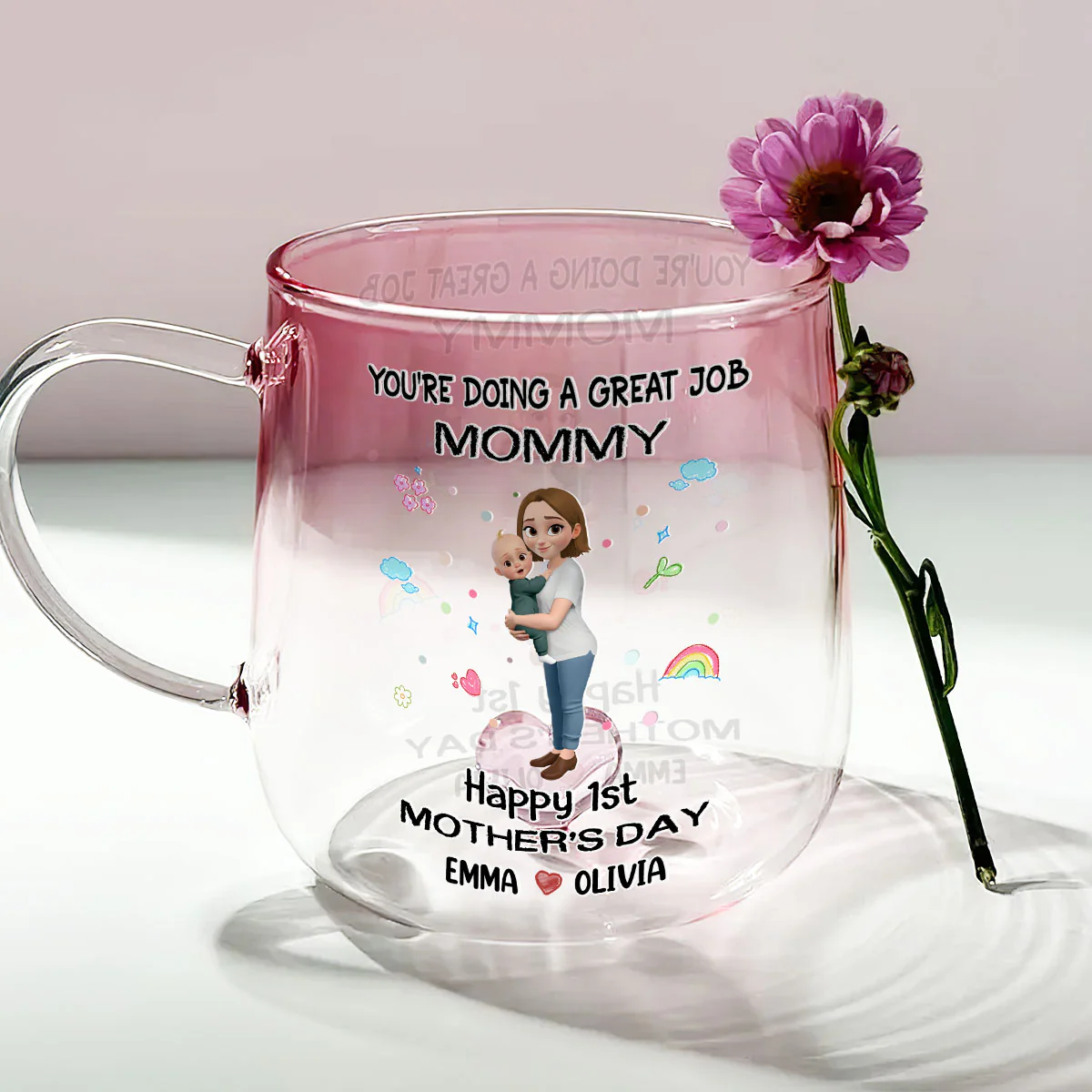 Mommy And Baby Bond - Personalized Custom Pink Gradient Glass Mug - Image 2
