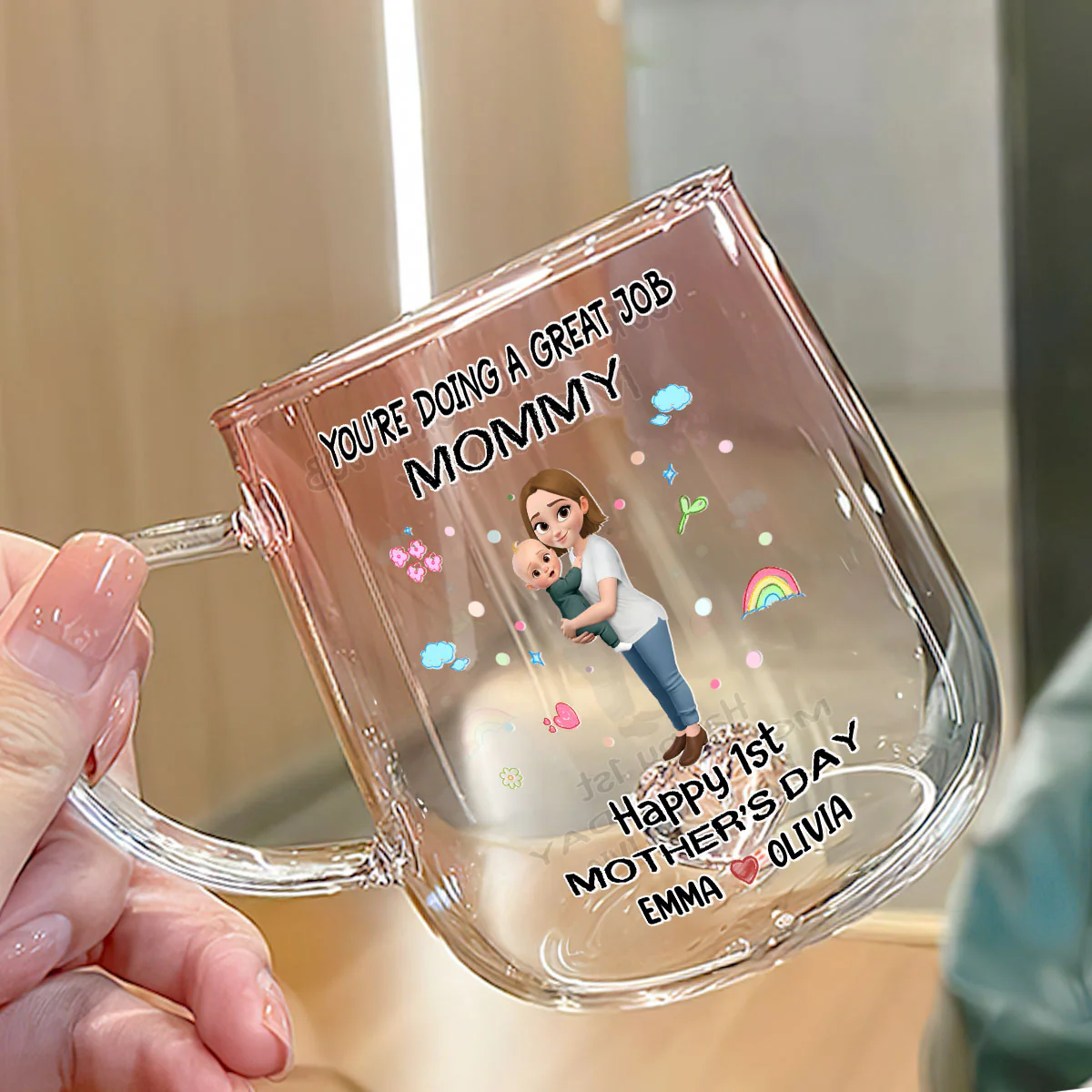 Mommy And Baby Bond - Personalized Custom Pink Gradient Glass Mug - Image 3