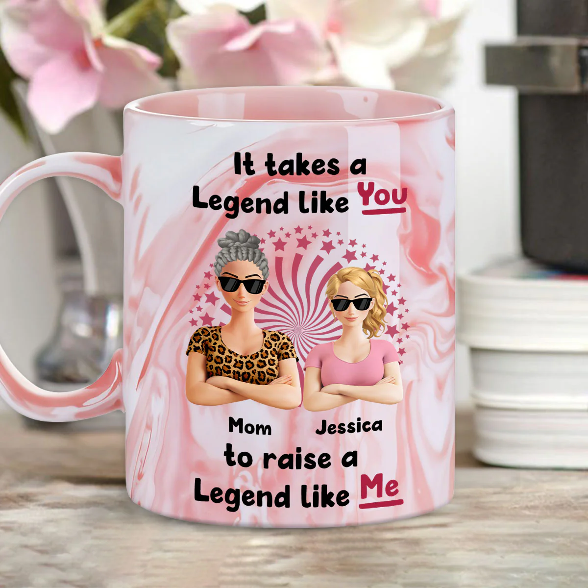 Moms Create Legends With Love - Personalized Custom Pink Marble Mug - Image 2