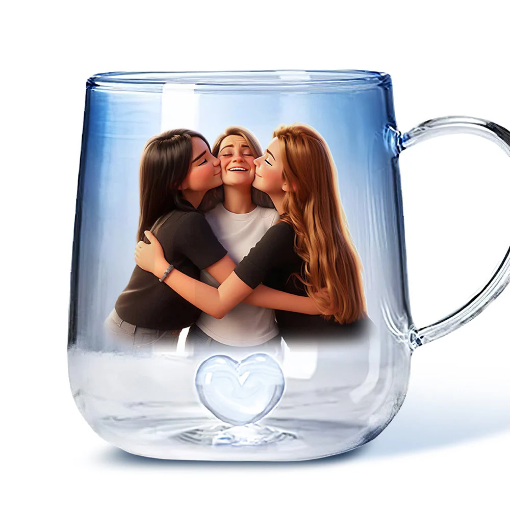 Mother And Daughter Cartoonize - Personalized Custom Blue Gradient Glass Mug - Image 3
