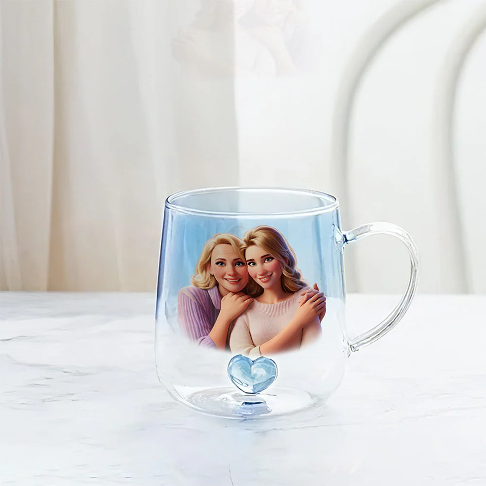 Mother And Daughter Cartoonize - Personalized Custom Blue Gradient Glass Mug - Image 4