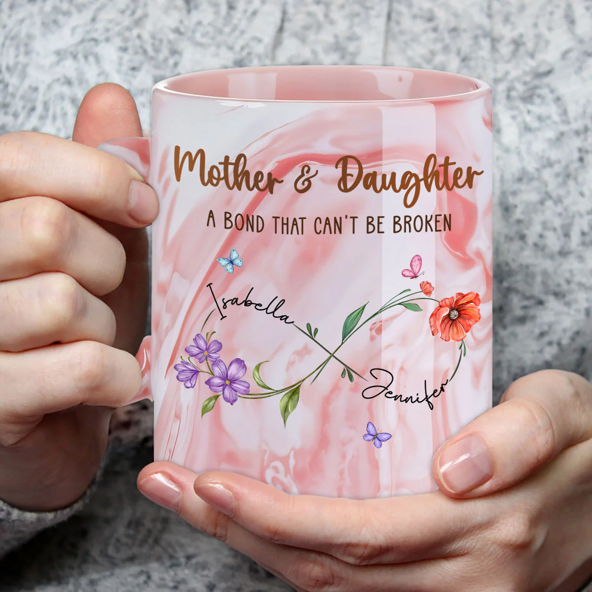 Mother And Daughter Link Forever - Personalized Custom Pink Marble Mug - Image 2