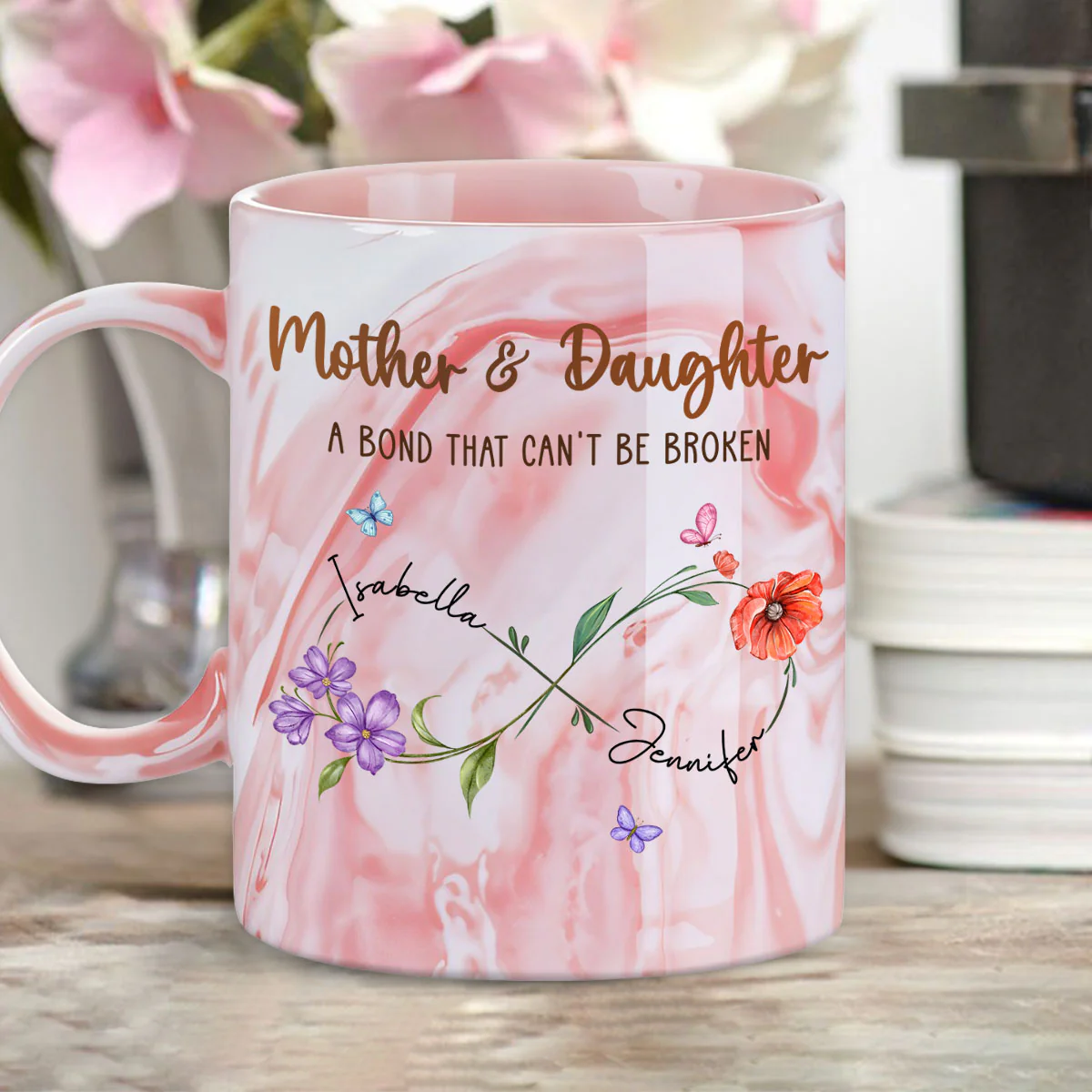 Mother And Daughter Link Forever - Personalized Custom Pink Marble Mug - Image 4