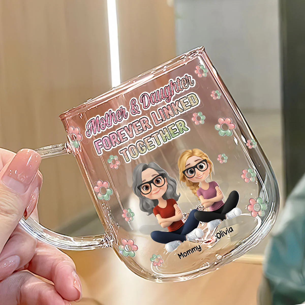 Mother And Daughter Linked Forever Cartoonize - Personalized Custom Pink Gradient Glass Mug - Image 3