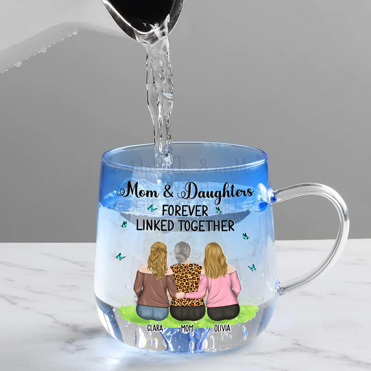 Mother And Daughter Linked Forever - Personalized Custom Blue Gradient Glass Mug - Image 2