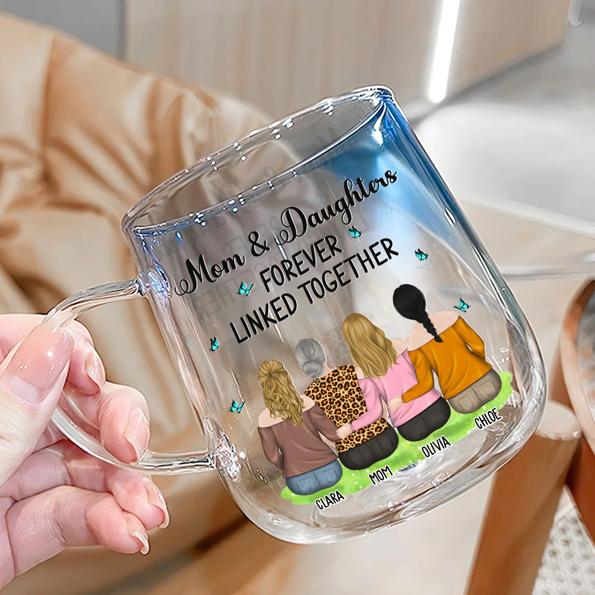 Mother And Daughter Linked Forever - Personalized Custom Blue Gradient Glass Mug - Image 3