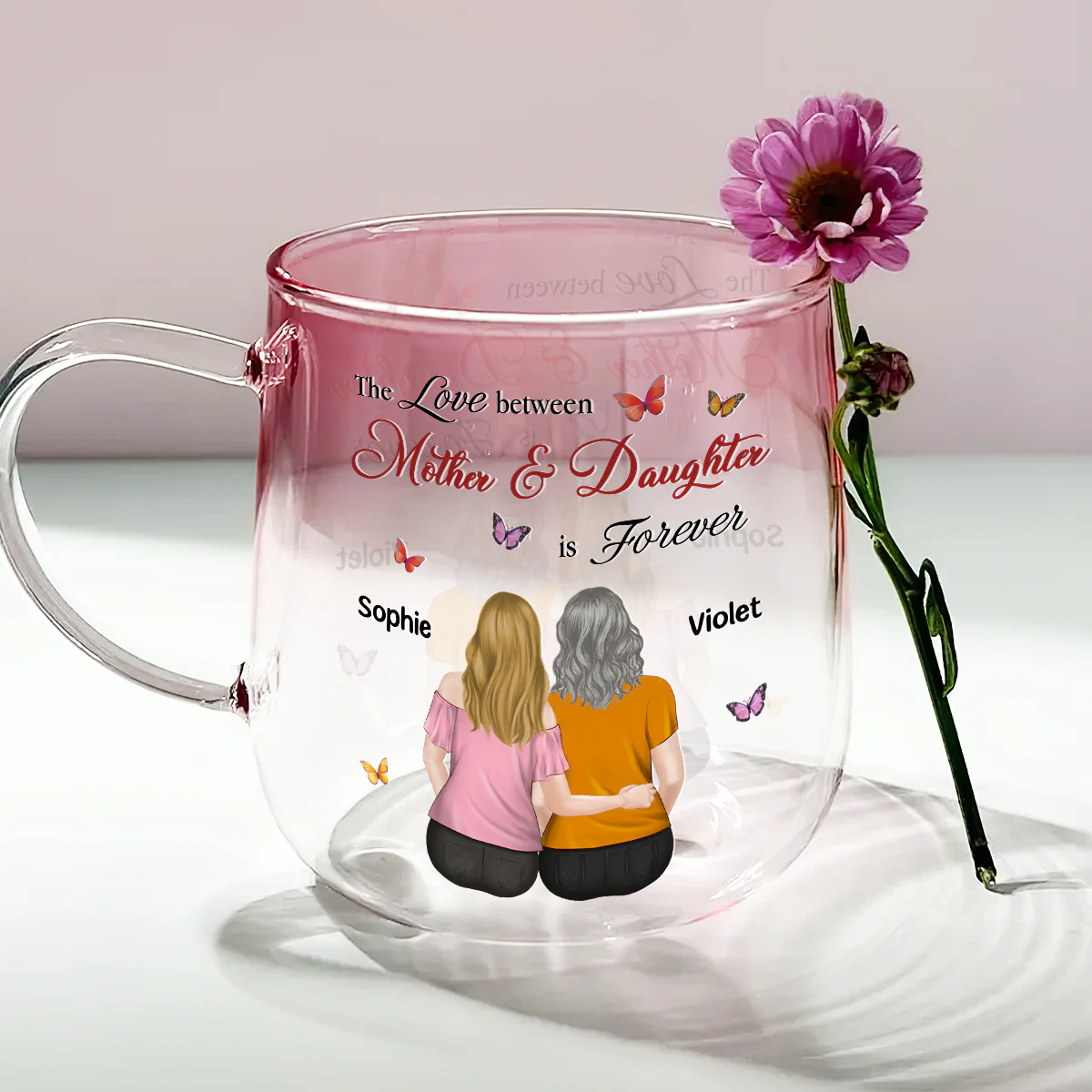 Mother And Daughter Love Forever - Personalized Custom Pink Gradient Glass Mug - Image 2