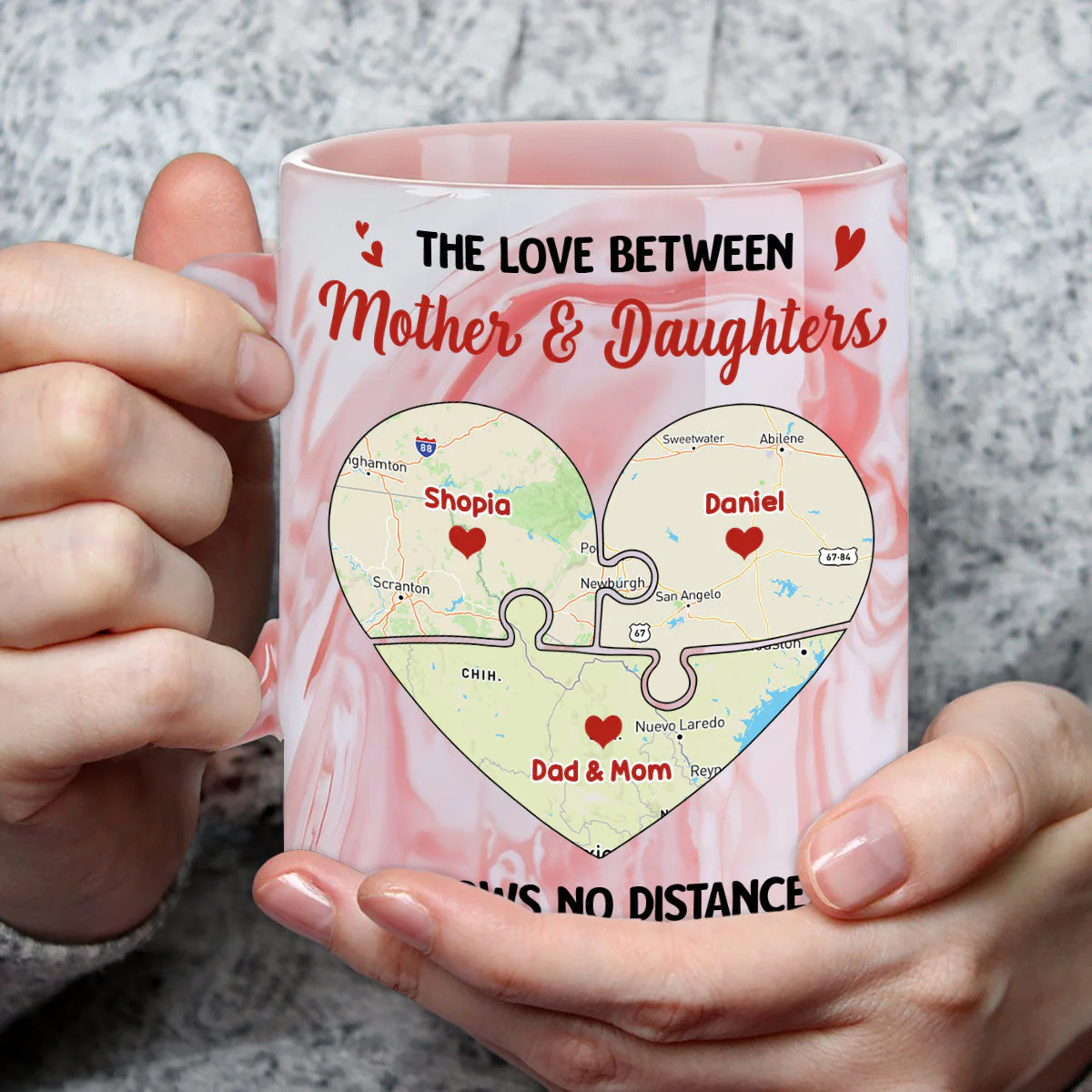 Mother And Daughter No Distance - Personalized Custom Pink Marble Mug - Image 3