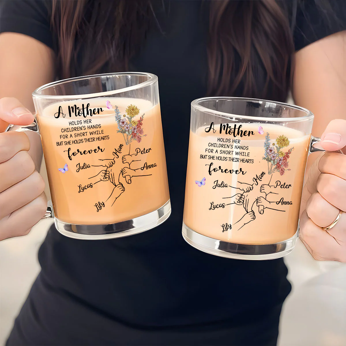 Mother Holds Her Children Heart Forever - Personalized Custom Glass Mug - Image 4