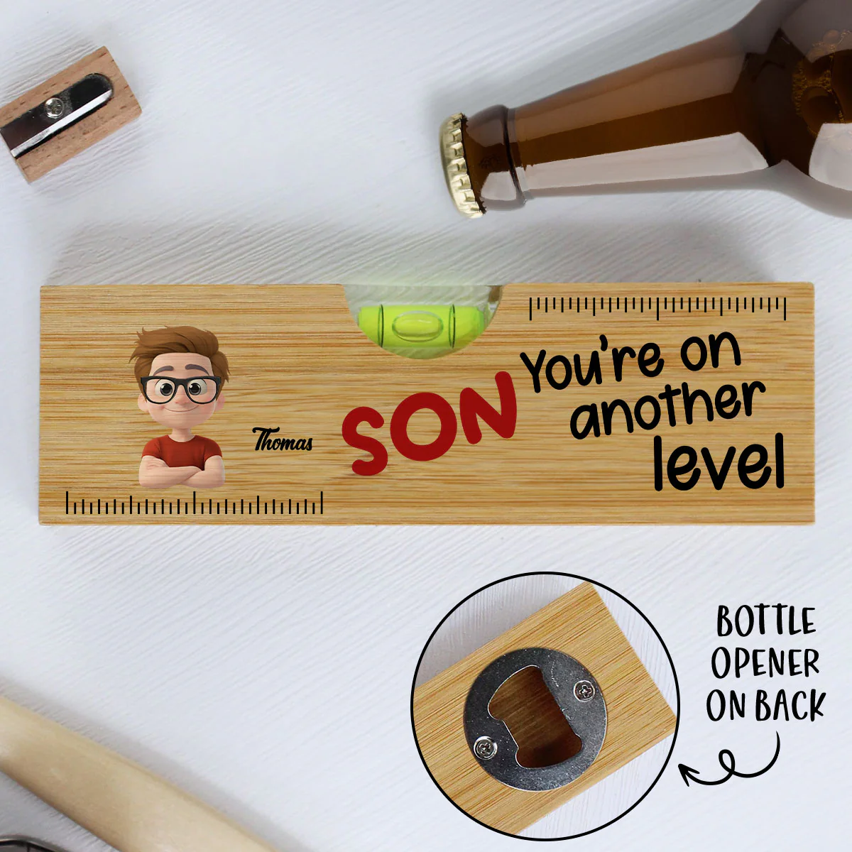 My Child Are On Another Level - Personalized Custom Wooden Spirit Level Bottle Opener