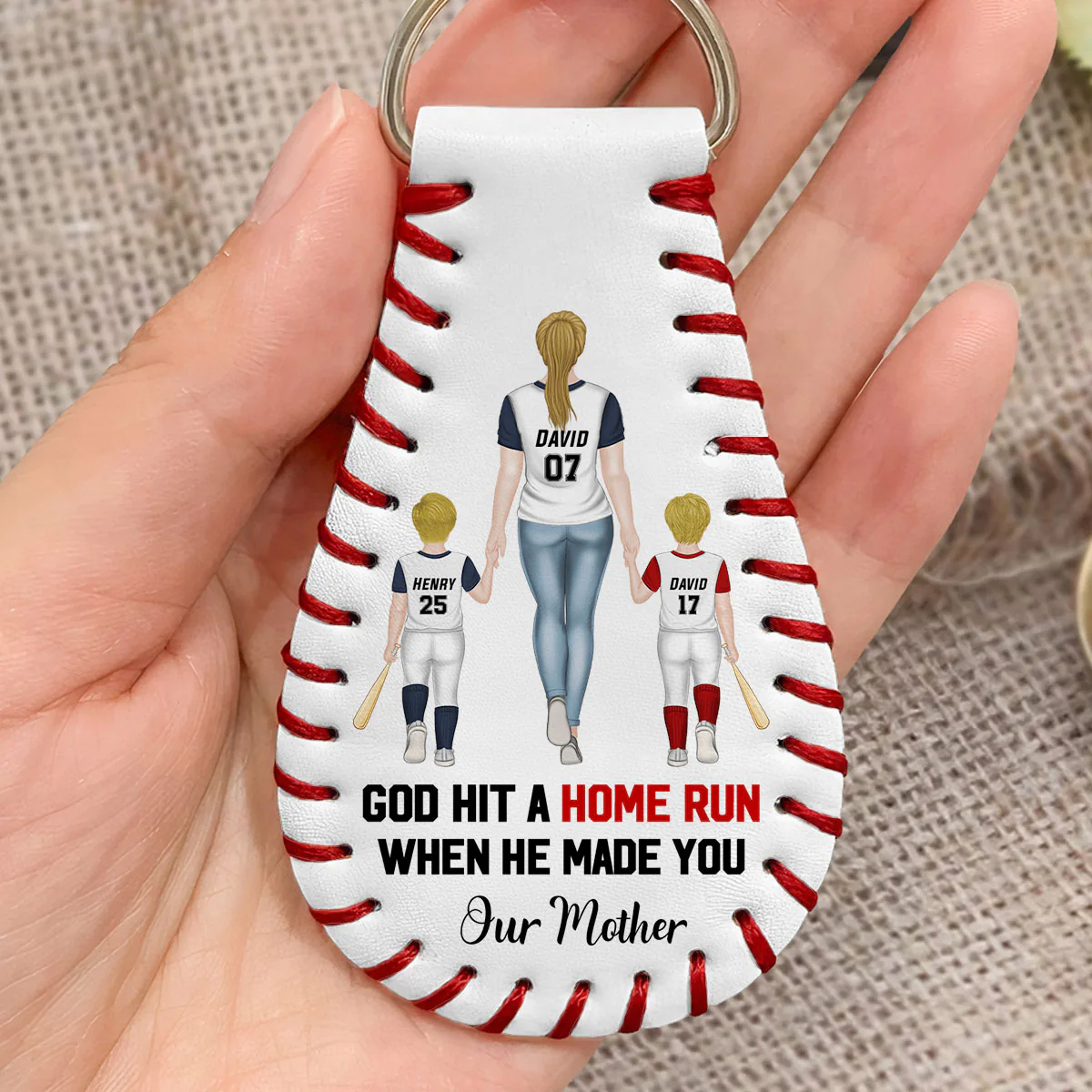 My Favorite Baseball Player Calls Me Mom - Personalized Custom Leather Baseball Keychain - Image 2