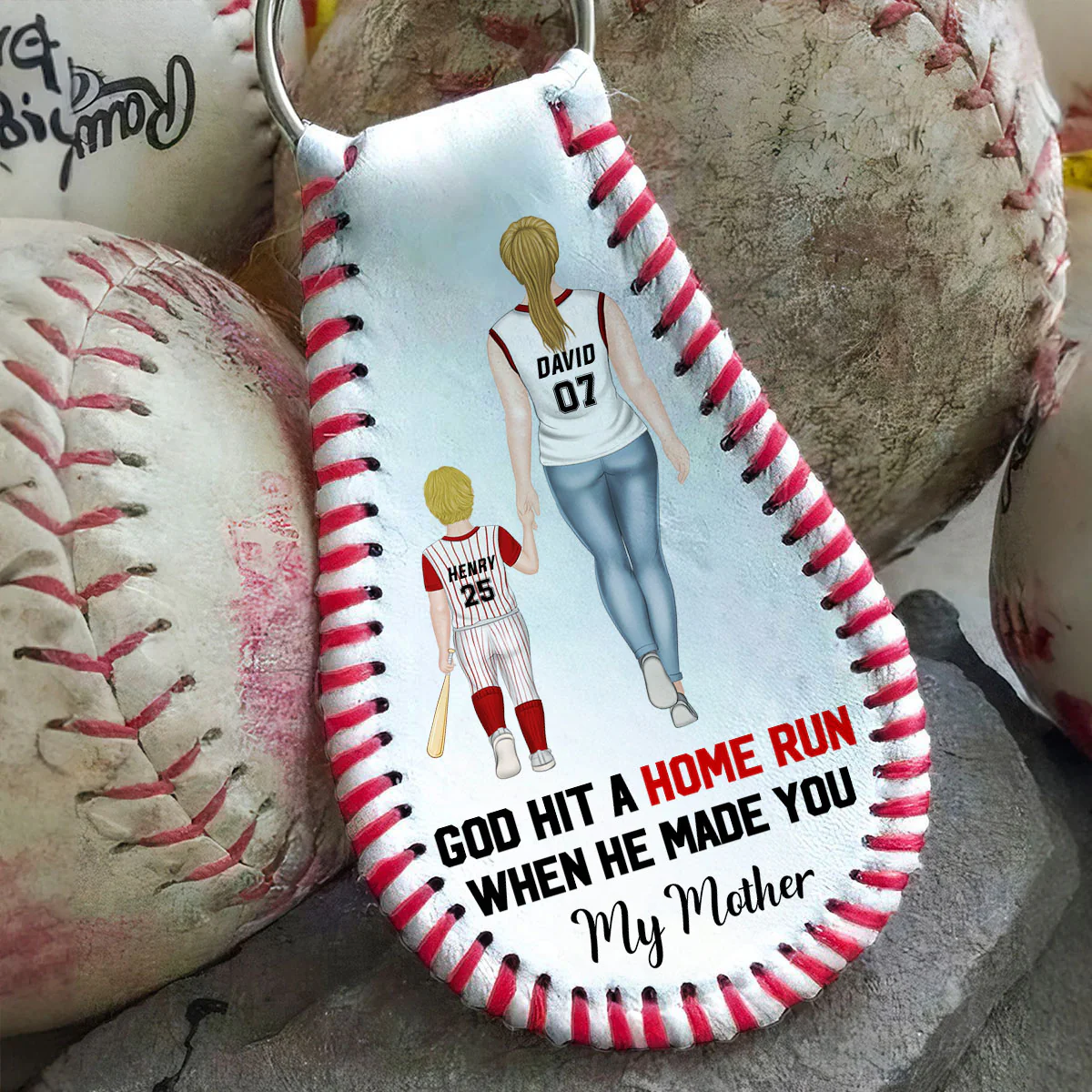 My Favorite Baseball Player Calls Me Mom - Personalized Custom Leather Baseball Keychain - Image 3