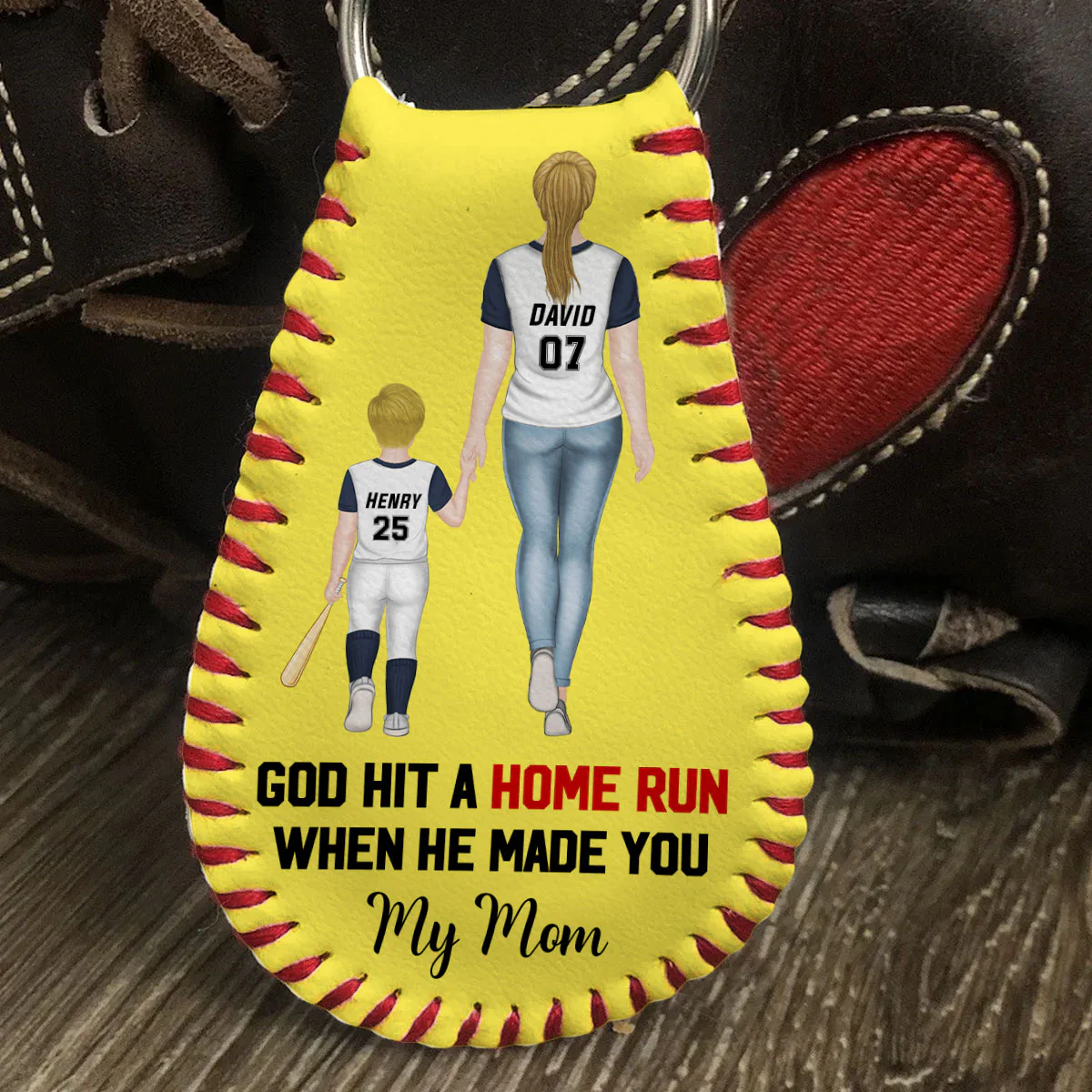 My Favorite Baseball Player Calls Me Mom - Personalized Custom Leather Baseball Keychain - Image 4