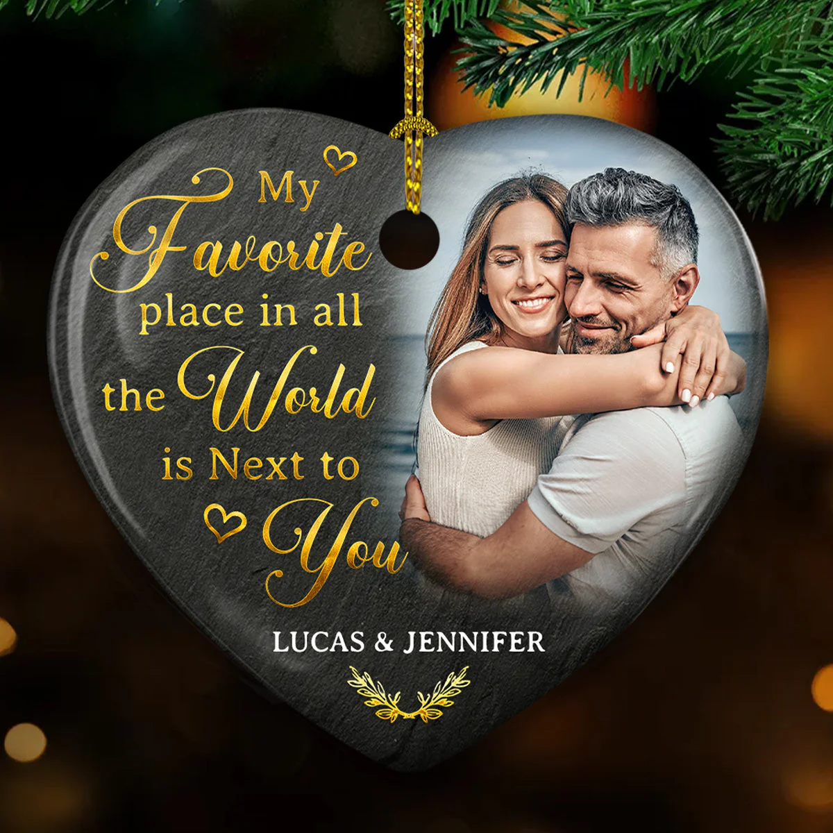 My Favorite Place Is Next To You - Personalized Custom Heart Ceramic Ornament - Image 2