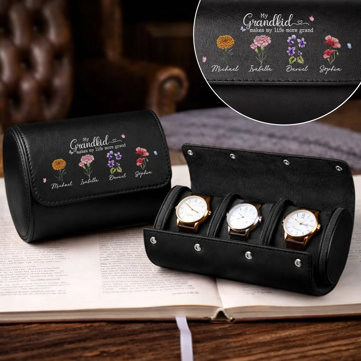 My Grandkids Make My Life More Grand - Personalized Custom Leather Watch Case