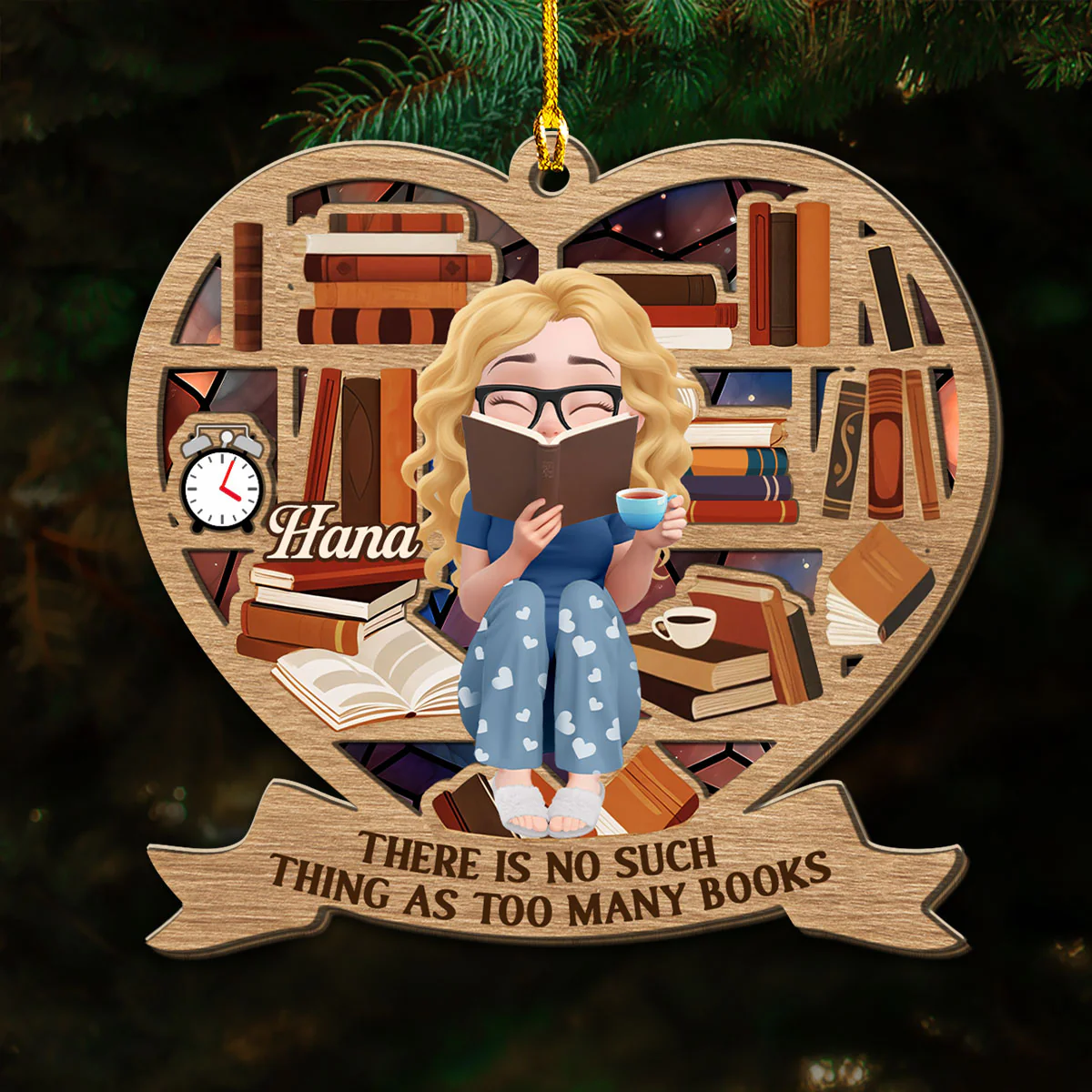 My Heart Belongs To Books - Personalized Custom 3D Effect Wood Ornament - Image 3
