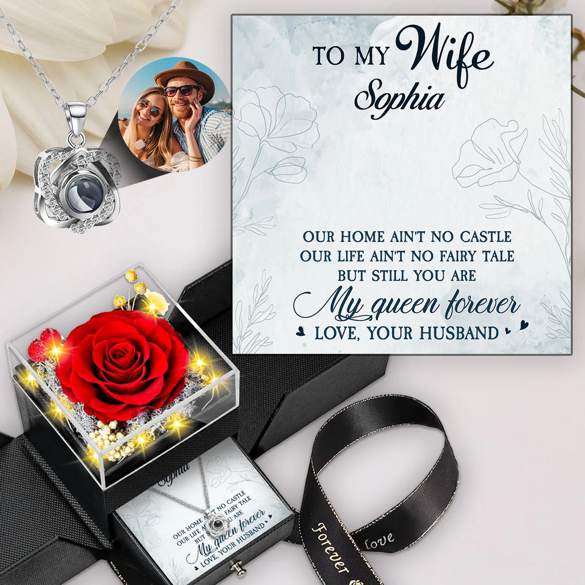 My Queen Forever - Personalized Custom Preserved Rose With Projection Necklace - Image 3