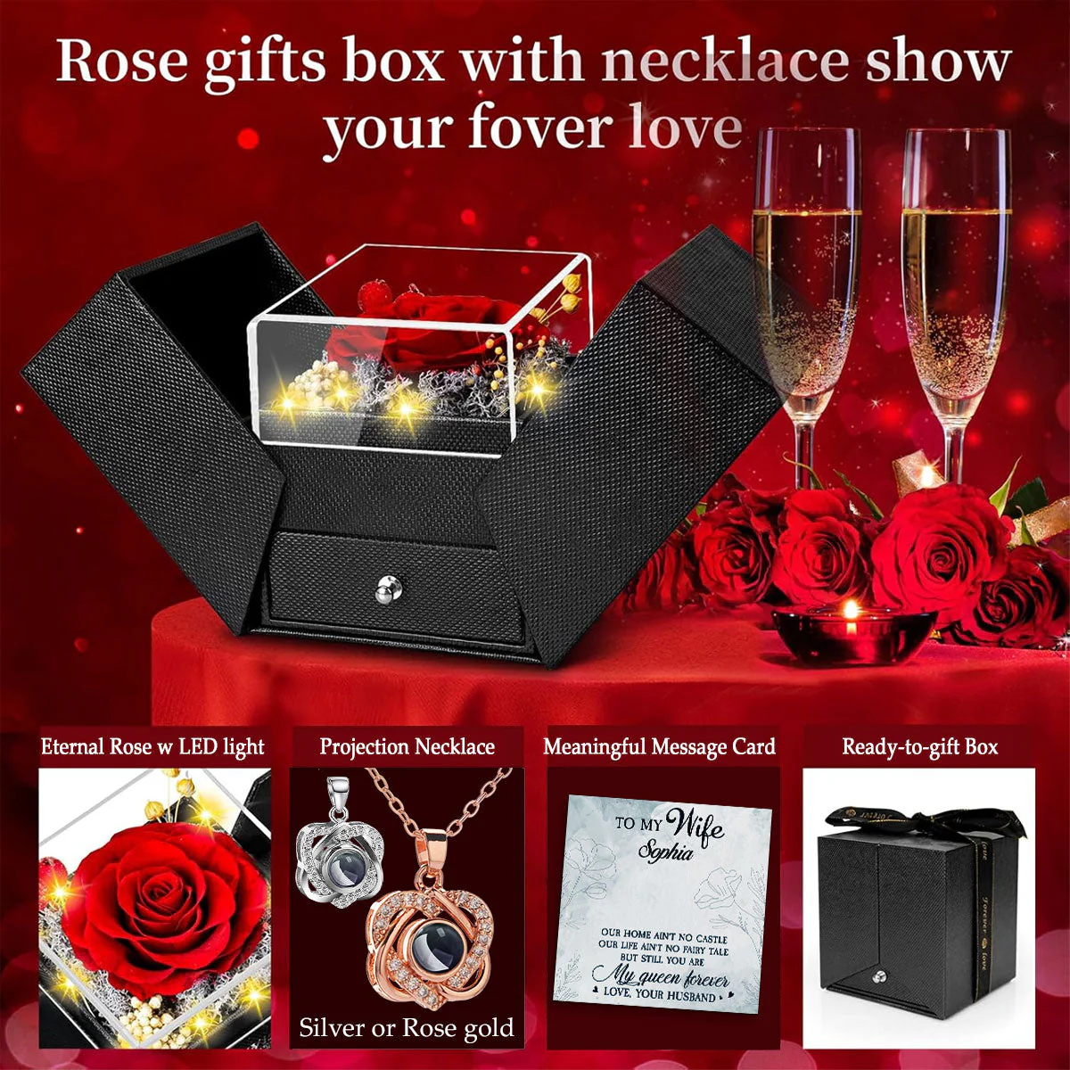 My Queen Forever - Personalized Custom Preserved Rose With Projection Necklace - Image 5