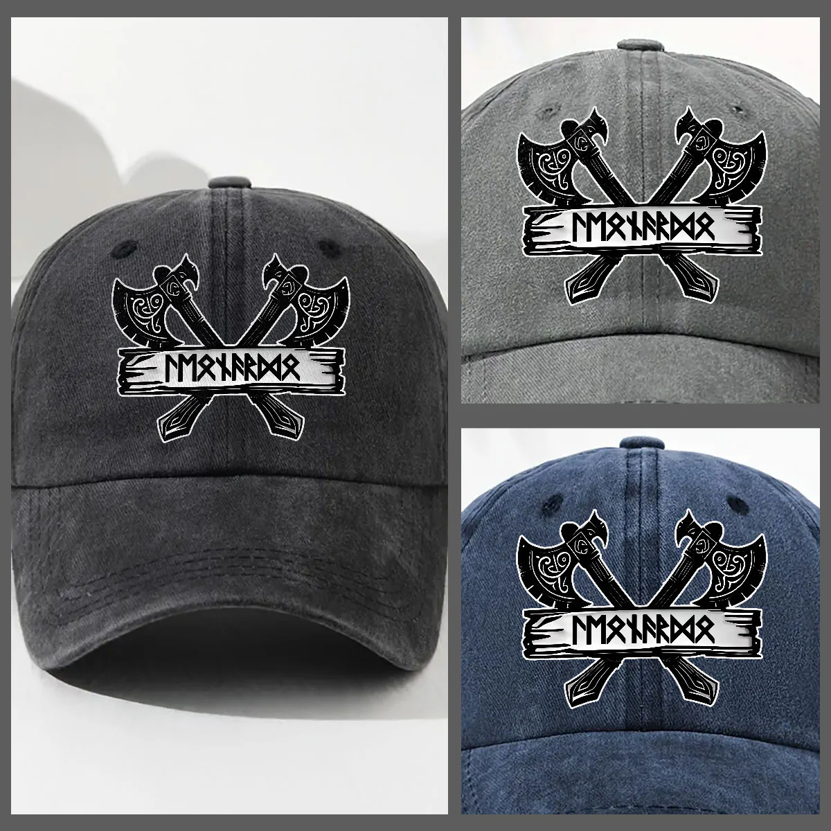 Name In Viking Runes - Personalized Custom Vintage Washed Denim Cap - Image 3