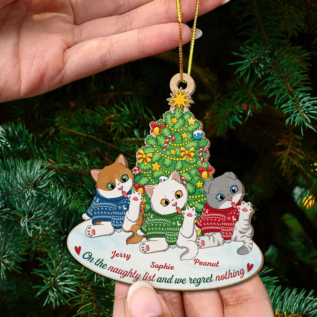 Naughty Cat Licking - Personalized Custom 1-layered Wood Ornament - Image 3
