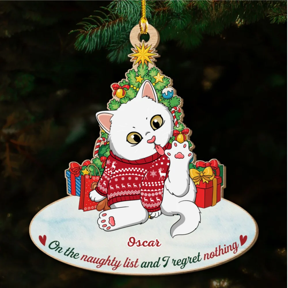Naughty Cat Licking - Personalized Custom 1-layered Wood Ornament - Image 6