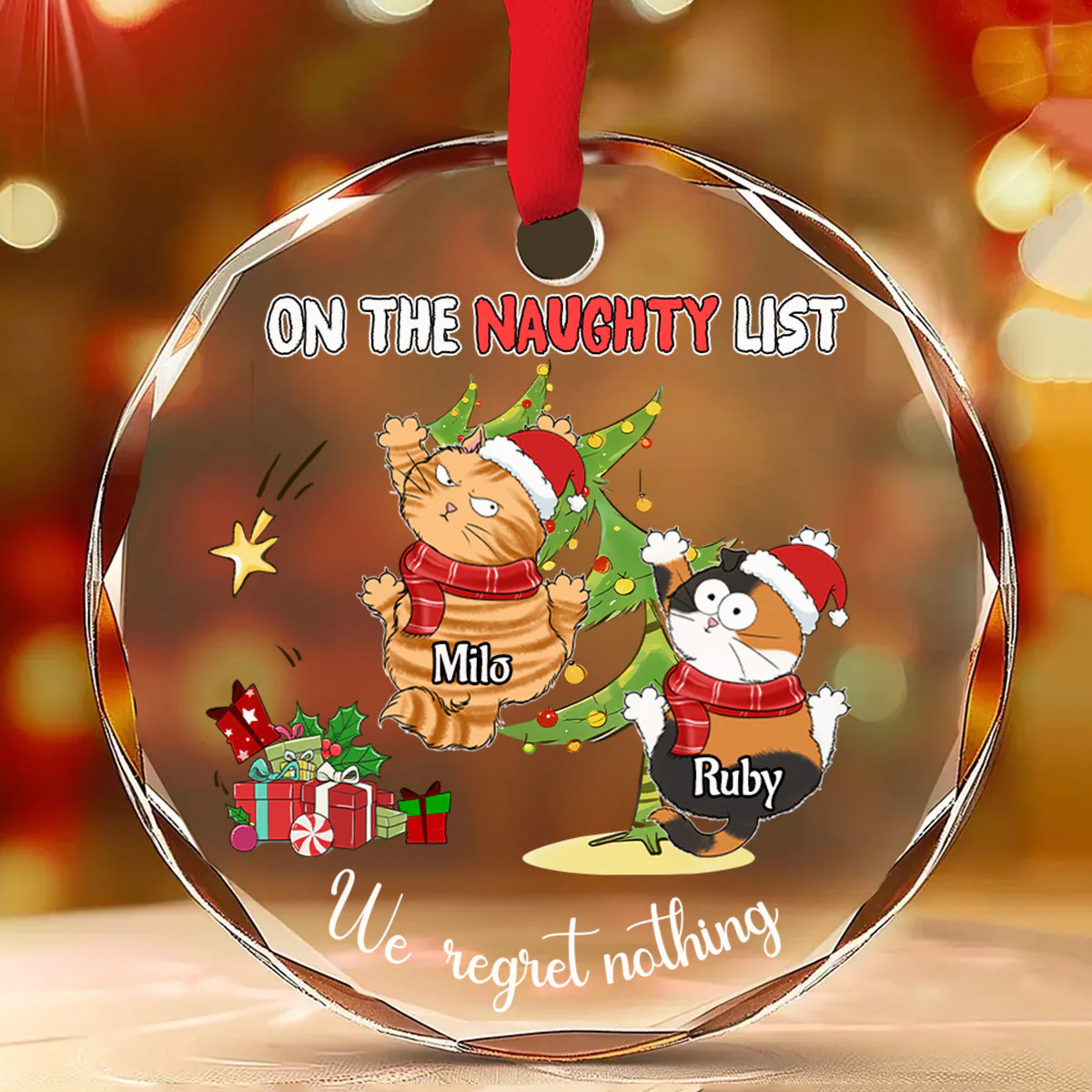 Naughty Cats Love Christmas - Personalized Custom Glass Ornament - Image 4