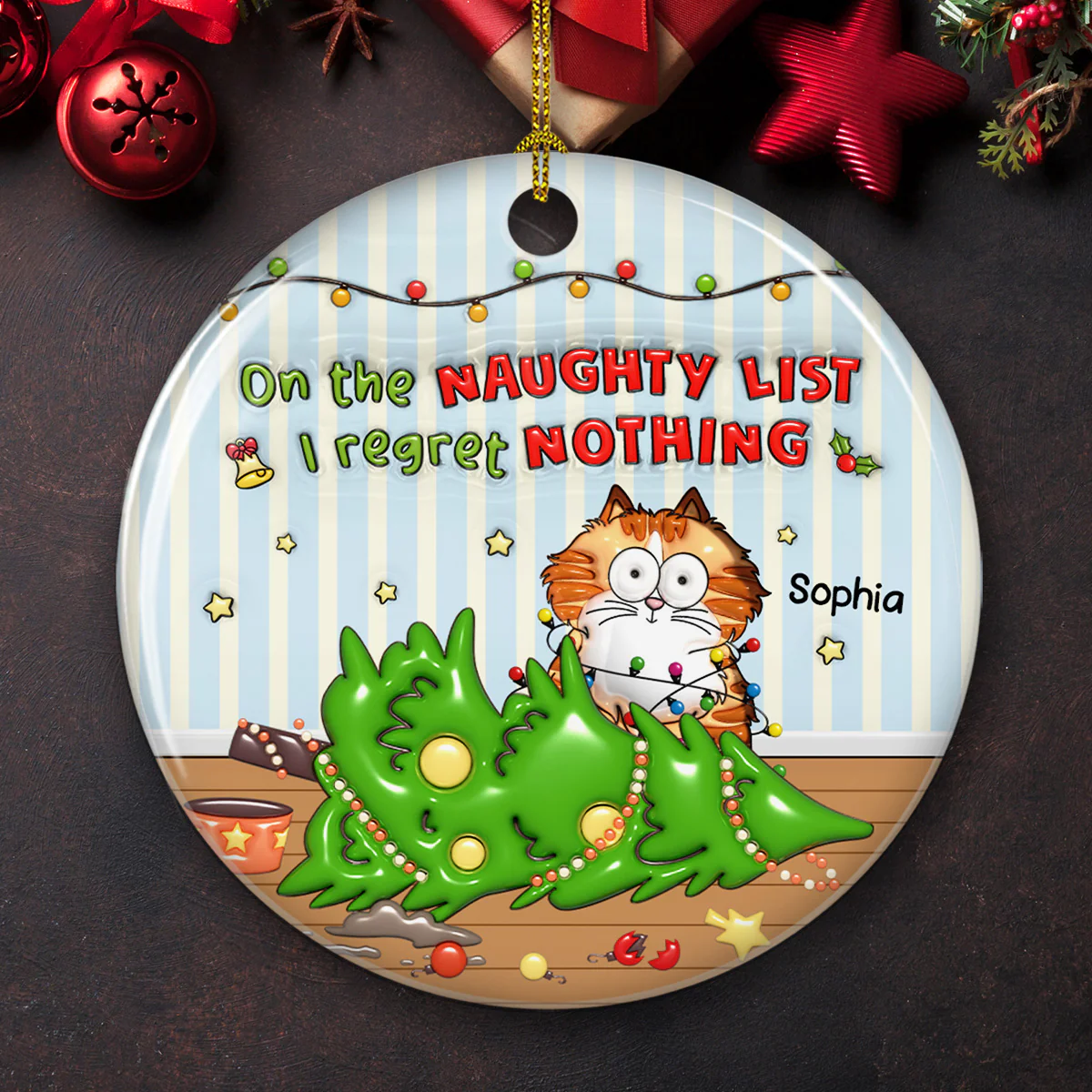 Naughty List Catmas - Personalized Custom 3D Inflated Effect Ceramic Ornament - Image 2
