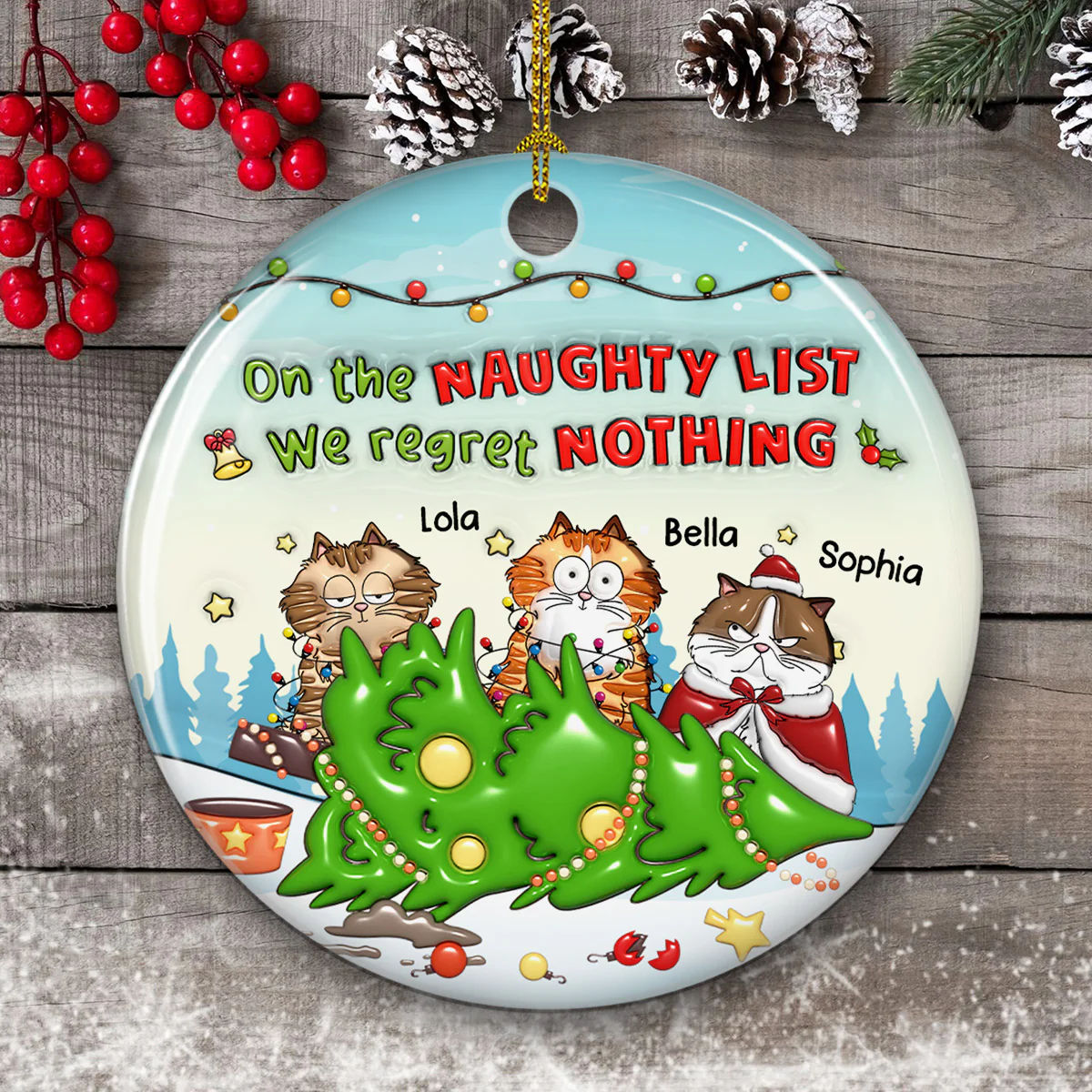 Naughty List Catmas - Personalized Custom 3D Inflated Effect Ceramic Ornament - Image 4