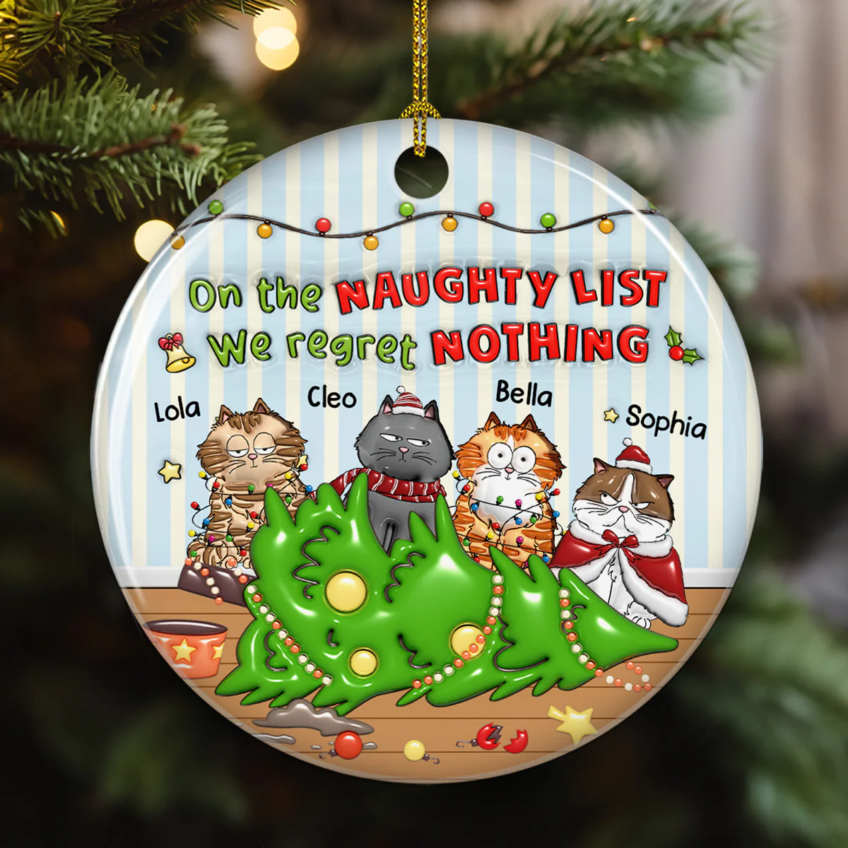Naughty List Catmas - Personalized Custom 3D Inflated Effect Ceramic Ornament - Image 5