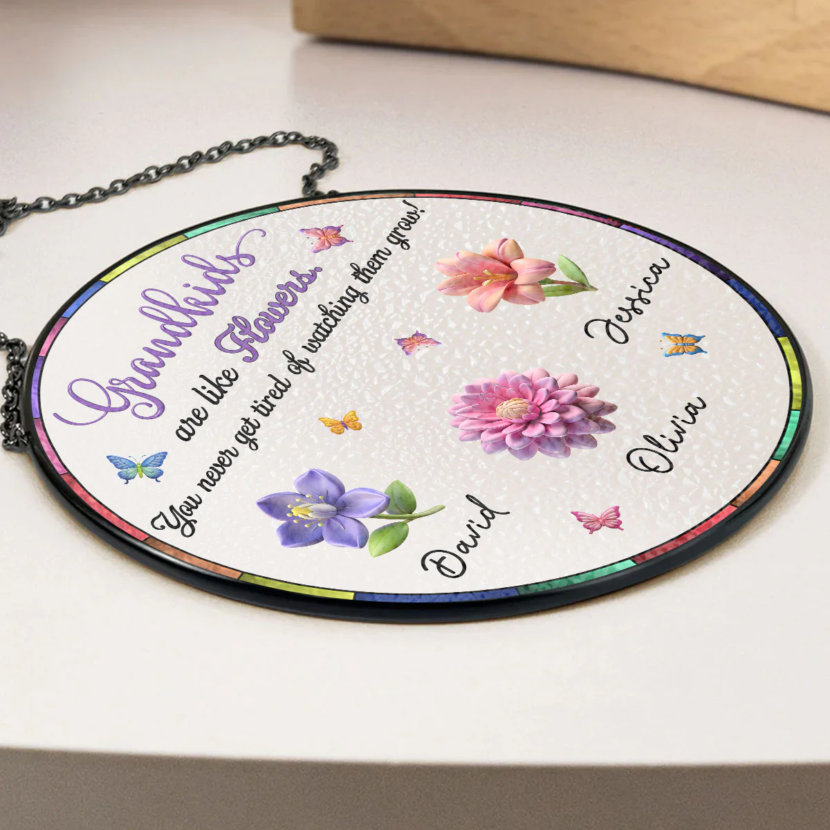 Never Get Tired Of Watching Grandkids Grow - Personalized Custom Window Hanging Suncatcher - Image 3