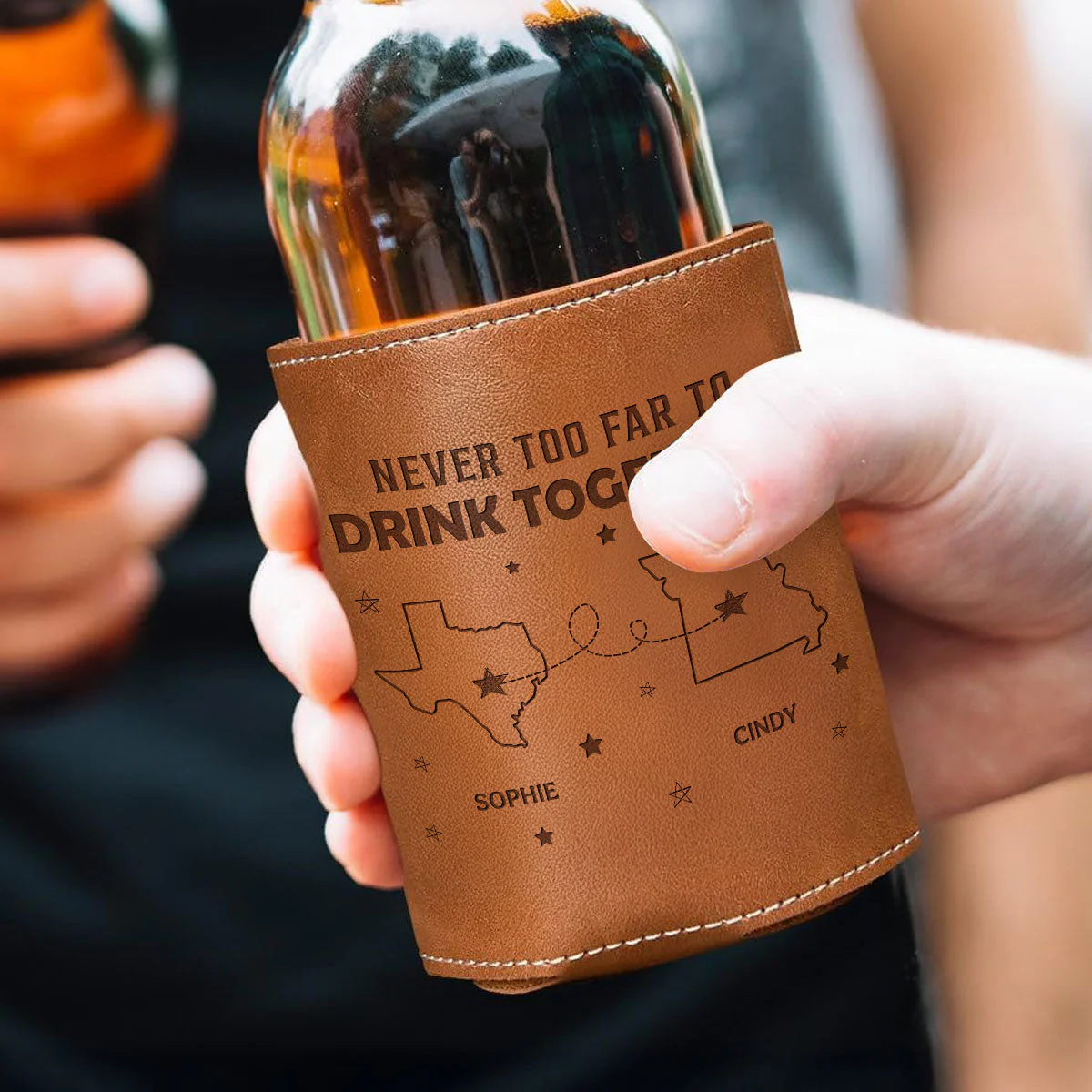 Never Too Far To Drink - Personalized Custom Engraved Leather Can Cooler Holder - Image 2