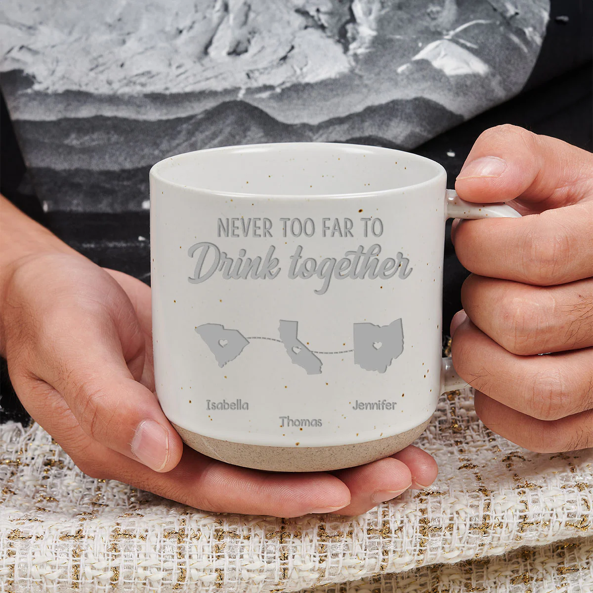 Never Too Far To Drink Together- Personalized Custom Pottery Mug - Image 2