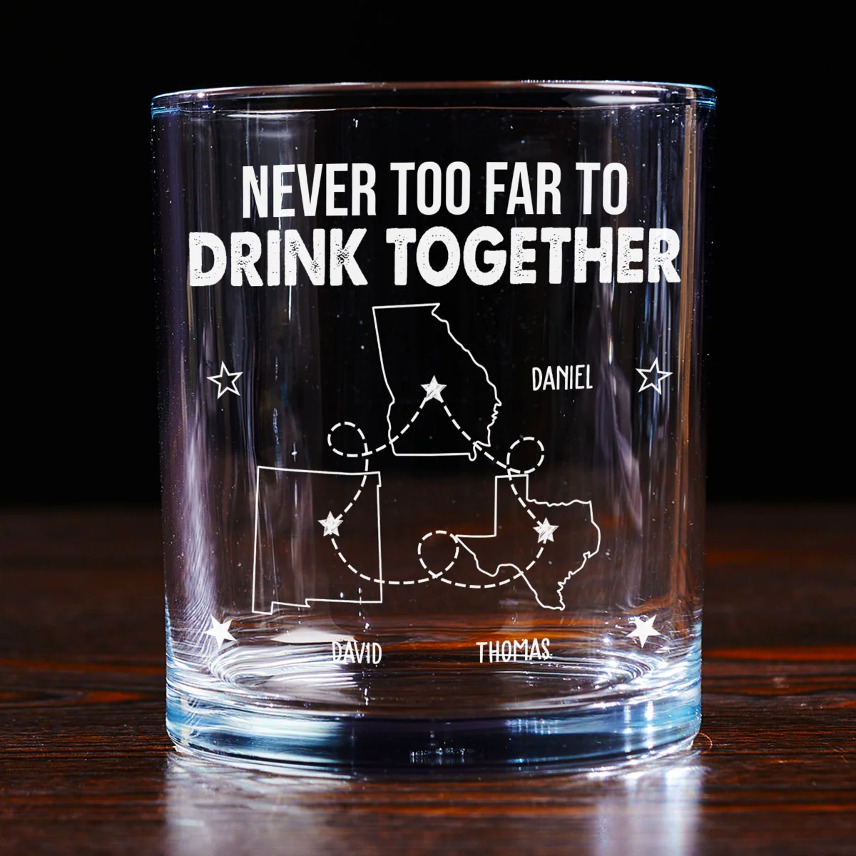 Never Too Far To Drink Together - Personalized Custom Whiskey Glass - Image 3