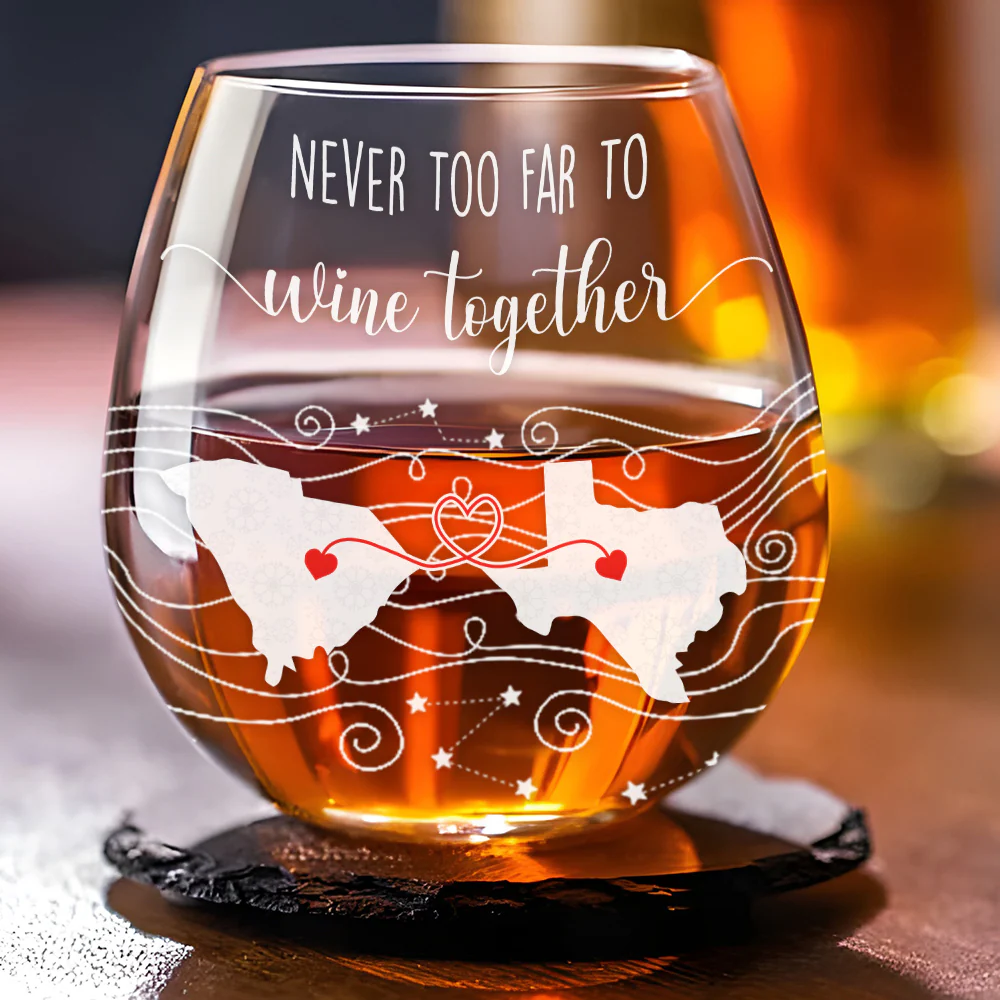 Never Too Far To Drink Together - Personalized Custom Wine Glass - Image 3