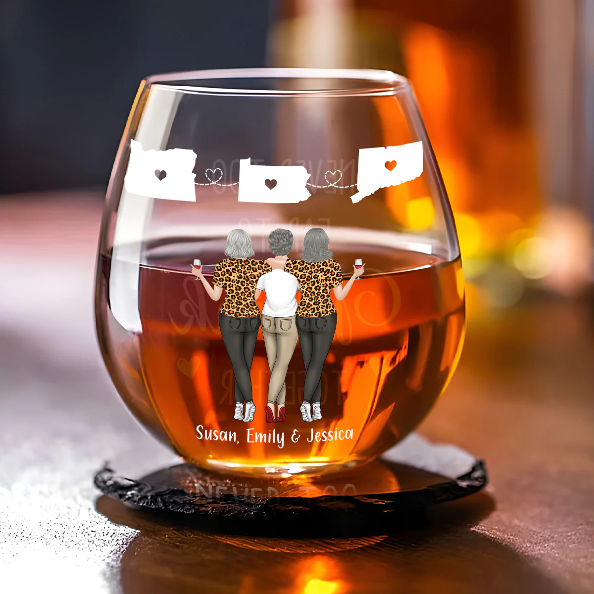 Never Too Far To Drink Wine Together - Personalized Custom Wine Glass - Image 2