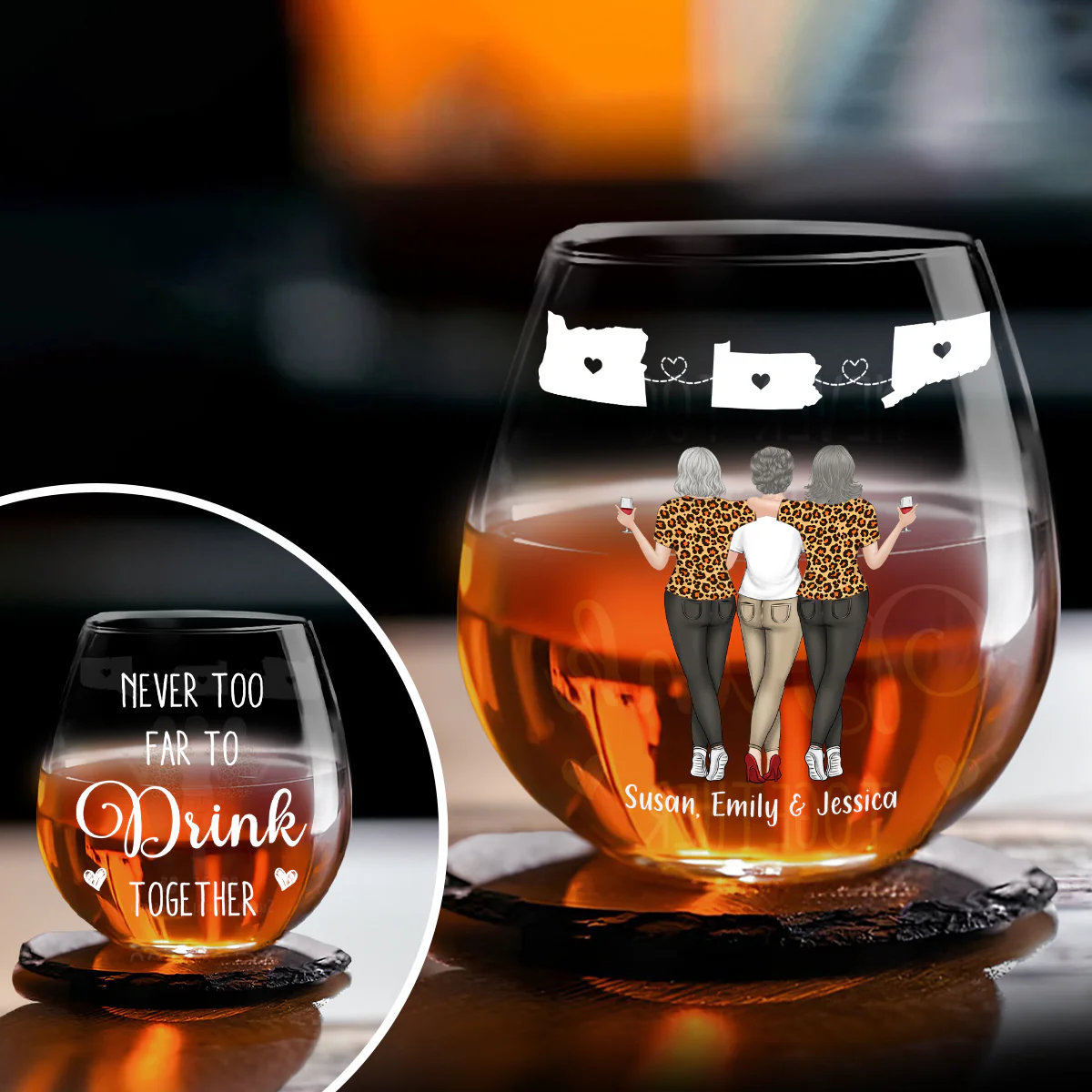 Never Too Far To Drink Wine Together - Personalized Custom Wine Glass - Image 3