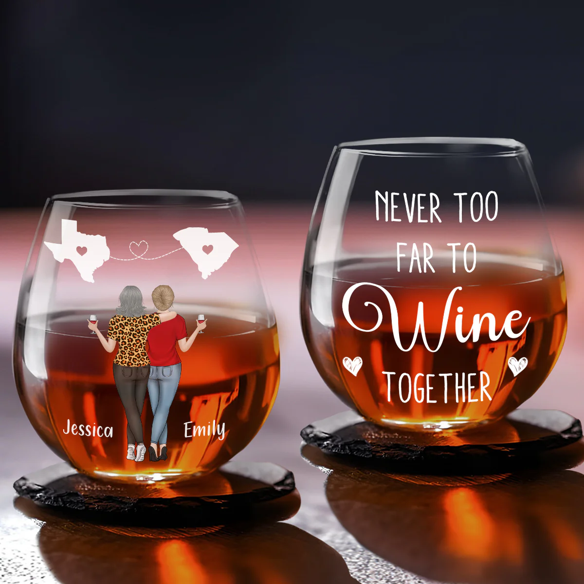 Never Too Far To Drink Wine Together - Personalized Custom Wine Glass - Image 6