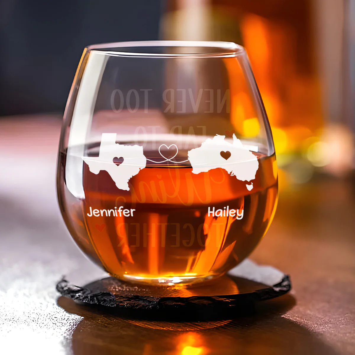 Never Too Far To Wine Together - Personalized Custom Wine Glass - Image 2