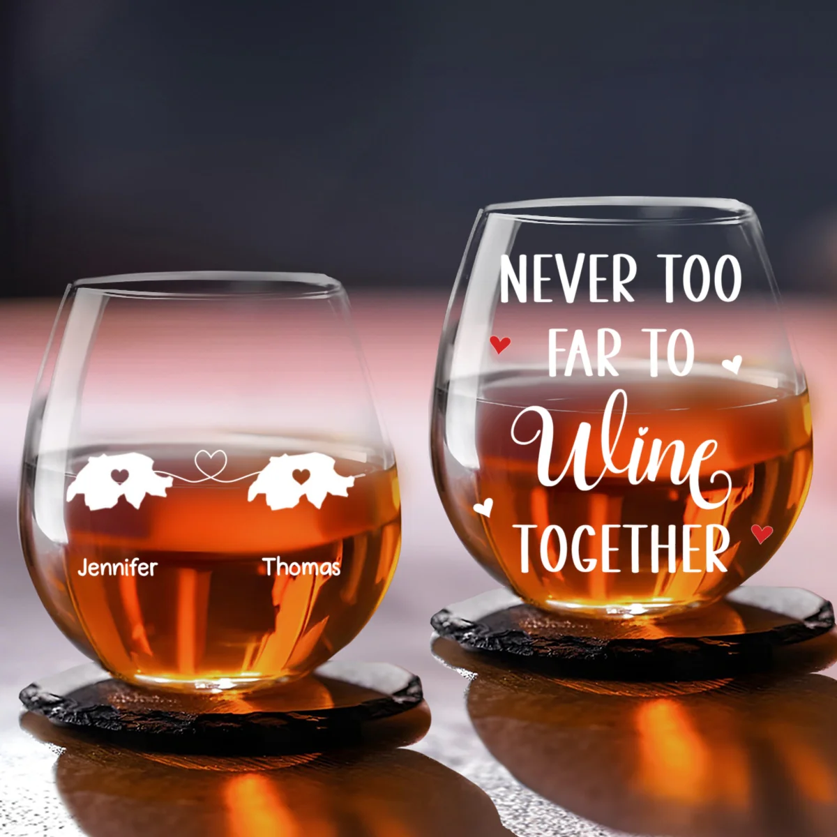 Never Too Far To Wine Together - Personalized Custom Wine Glass - Image 5