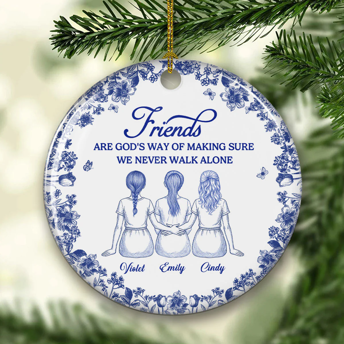 Never Walk Alone Blue Toile - Personalized Custom Ceramic Ornament - Image 2