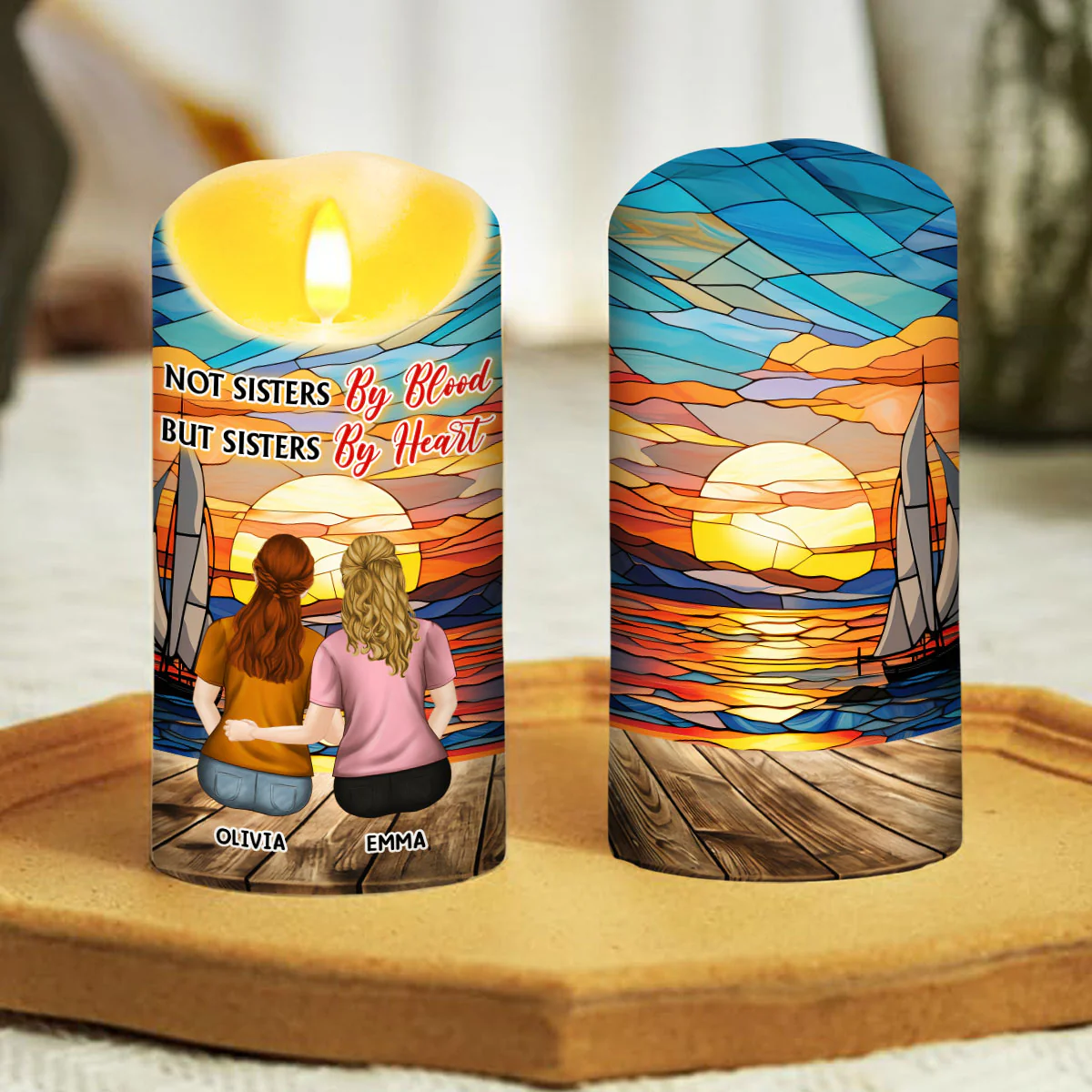 Not Sisters By Blood But Sisters By Heart - Personalized Custom LED Candle - Image 2