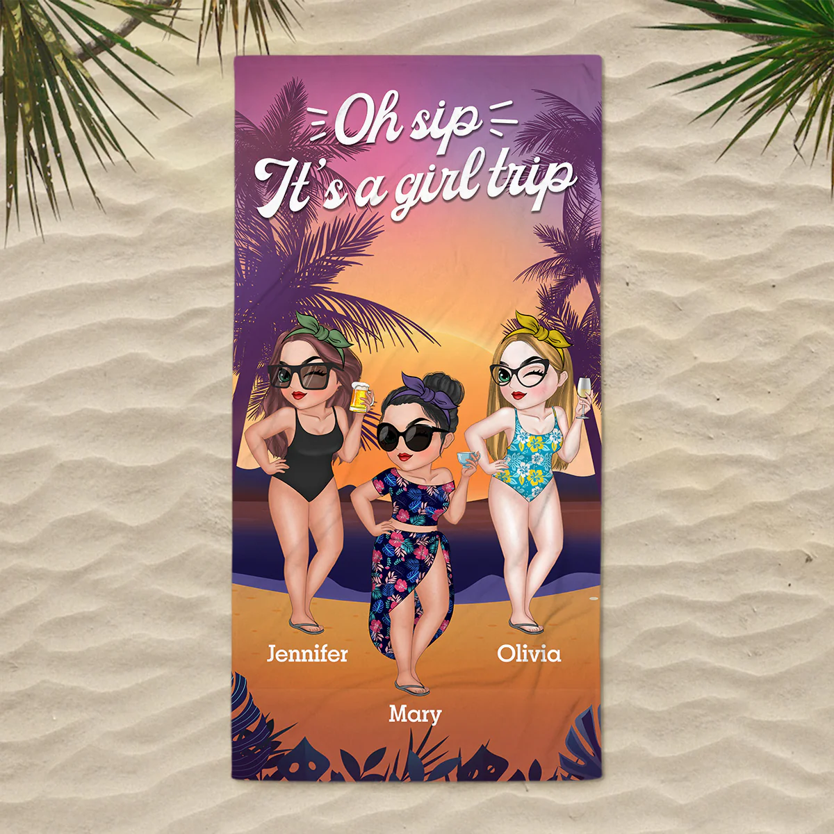 Oh Sip Its A Girl Trip - Personalized Custom Beach Towel - Image 2